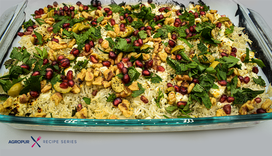 Broiled feta with minted rice and pomegranate relish