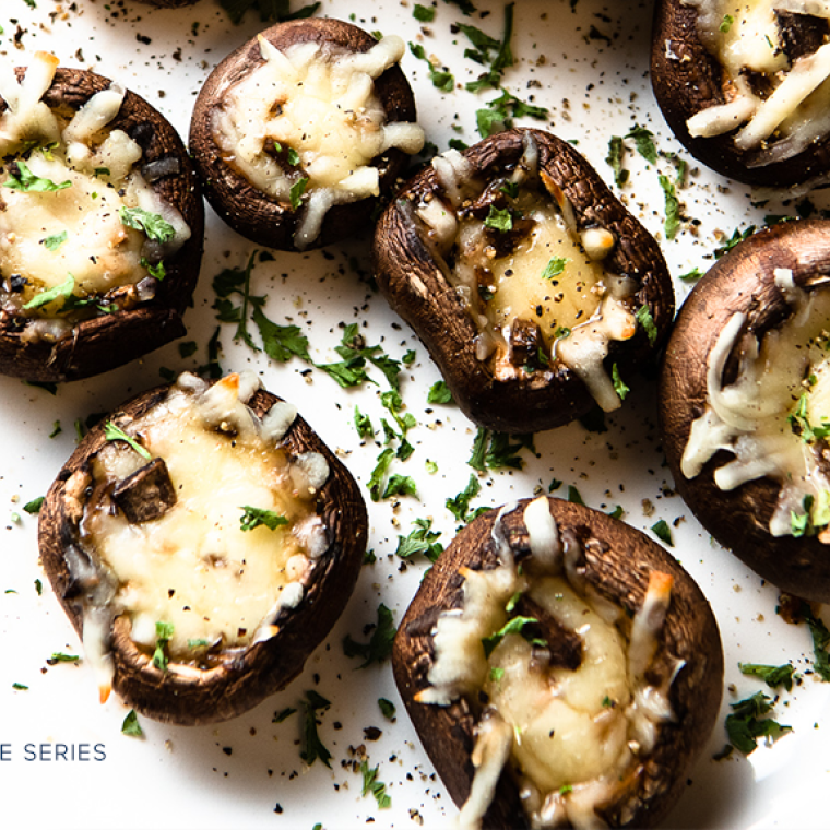 22-0812 Mozzarella stuffed mushrooms recipe series header